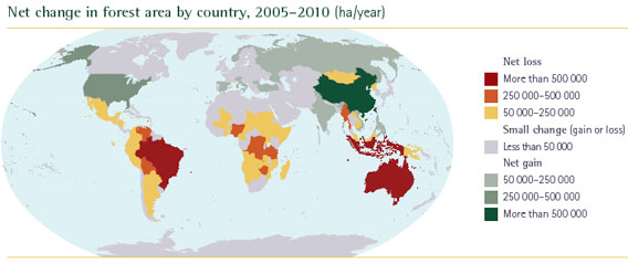 Afbeelding met de jaarlijkse verandering in bossen per regio van de wereld